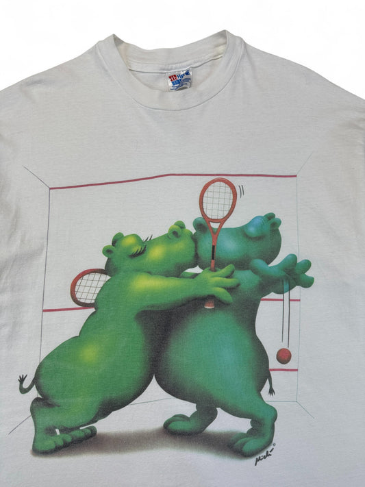 Vintage Hanes Shirt 90s Tennis Hippos Single Stitch Made In USA Weiß XL