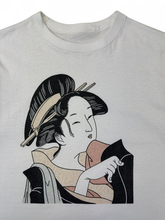 Vintage Japan Shirt 90s Geisha Kunstdruck Single Stitch Weiß L