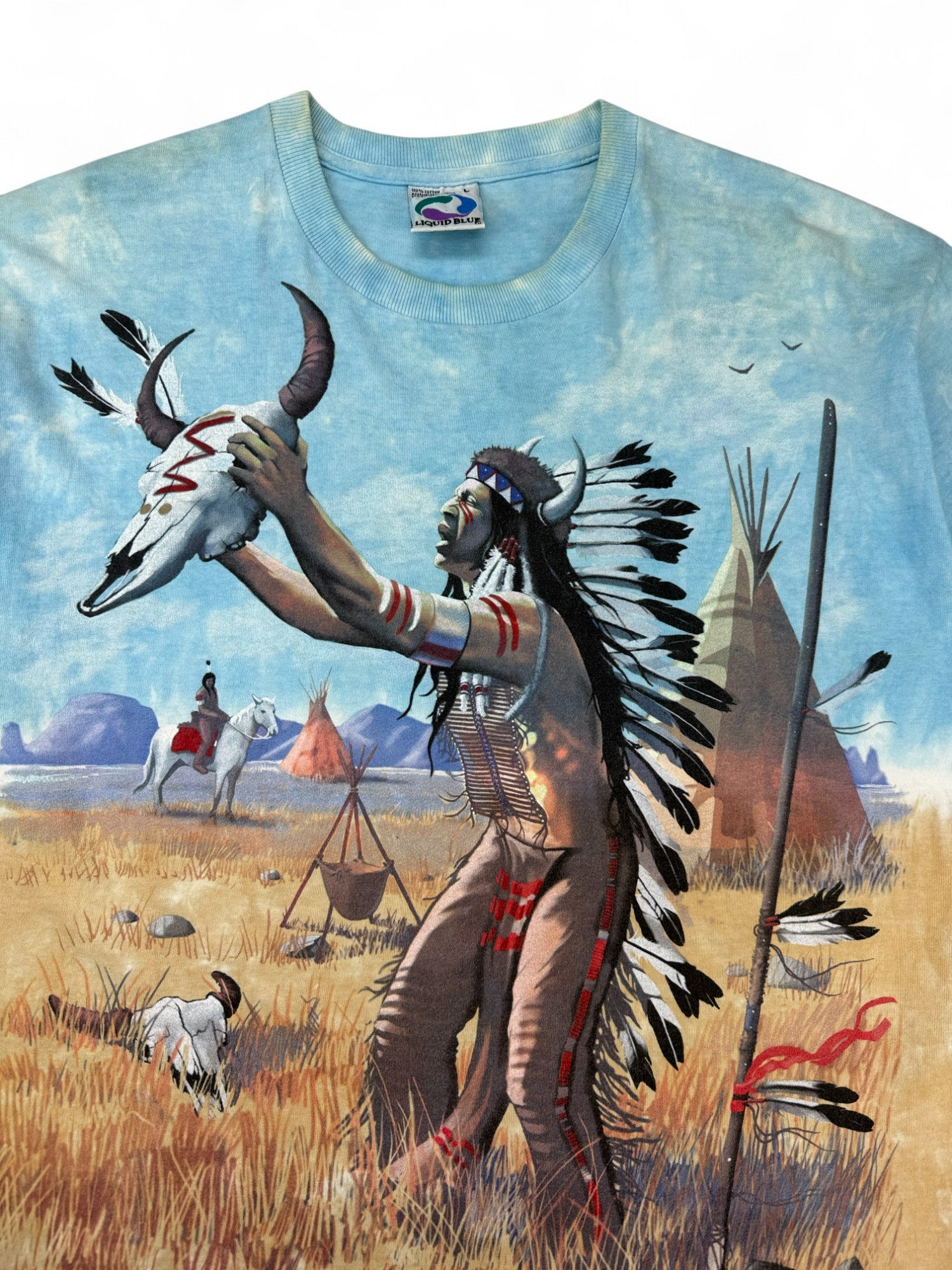 Vintage Liquid Blue Shirt 1998 By Brian Fox Native Americans AOP Bunt L