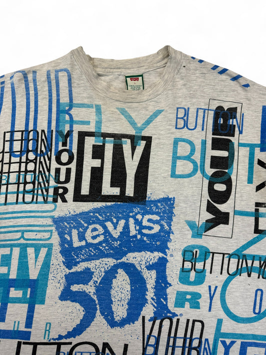 Vintage Levis Shirt 90s AOP "501 Button Fly" Single Stitch Made In USA Heather Grau L