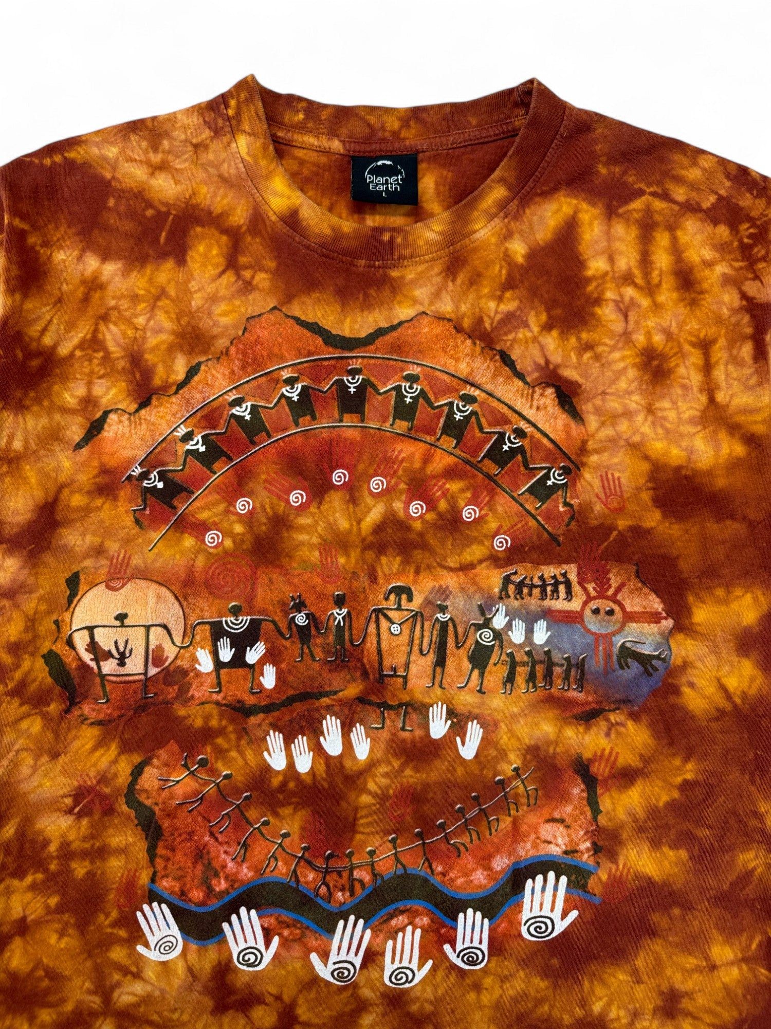 Vintage Planet Earth Shirt 90s Batik Cave Art Braun Rot L