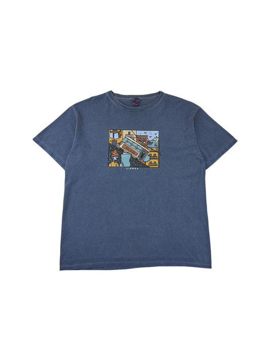 Vintage Kukuxumusu Shirt 90s "Lisboa" Art Print Dunkelblau XL