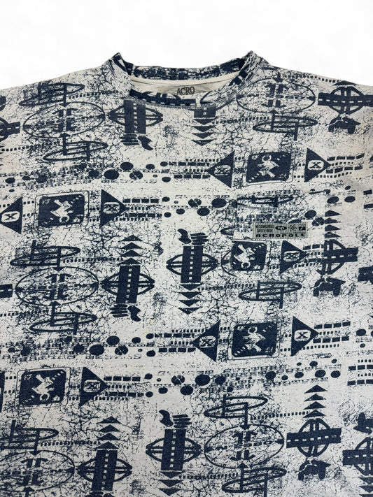 Vintage Acropole Shirt 90s Allover-Print Techno-Style Leinen Mix L