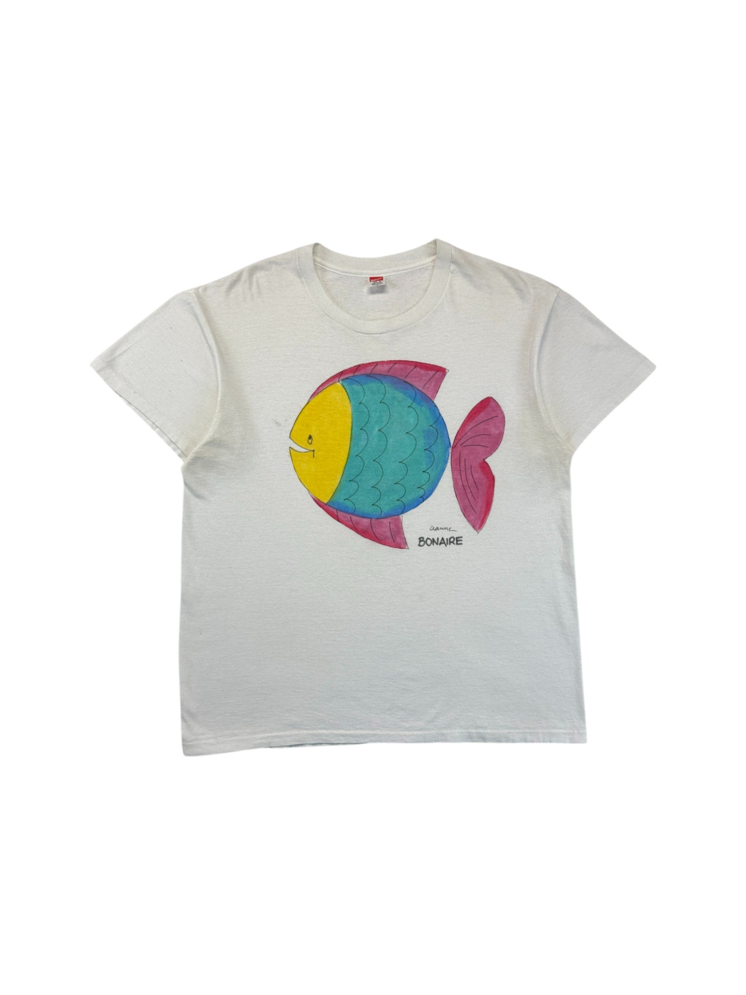 Vintage Hanes Shirt 80s Regenbogenfisch "Bonaire" Single Stitch Made In USA Weiß L-XL