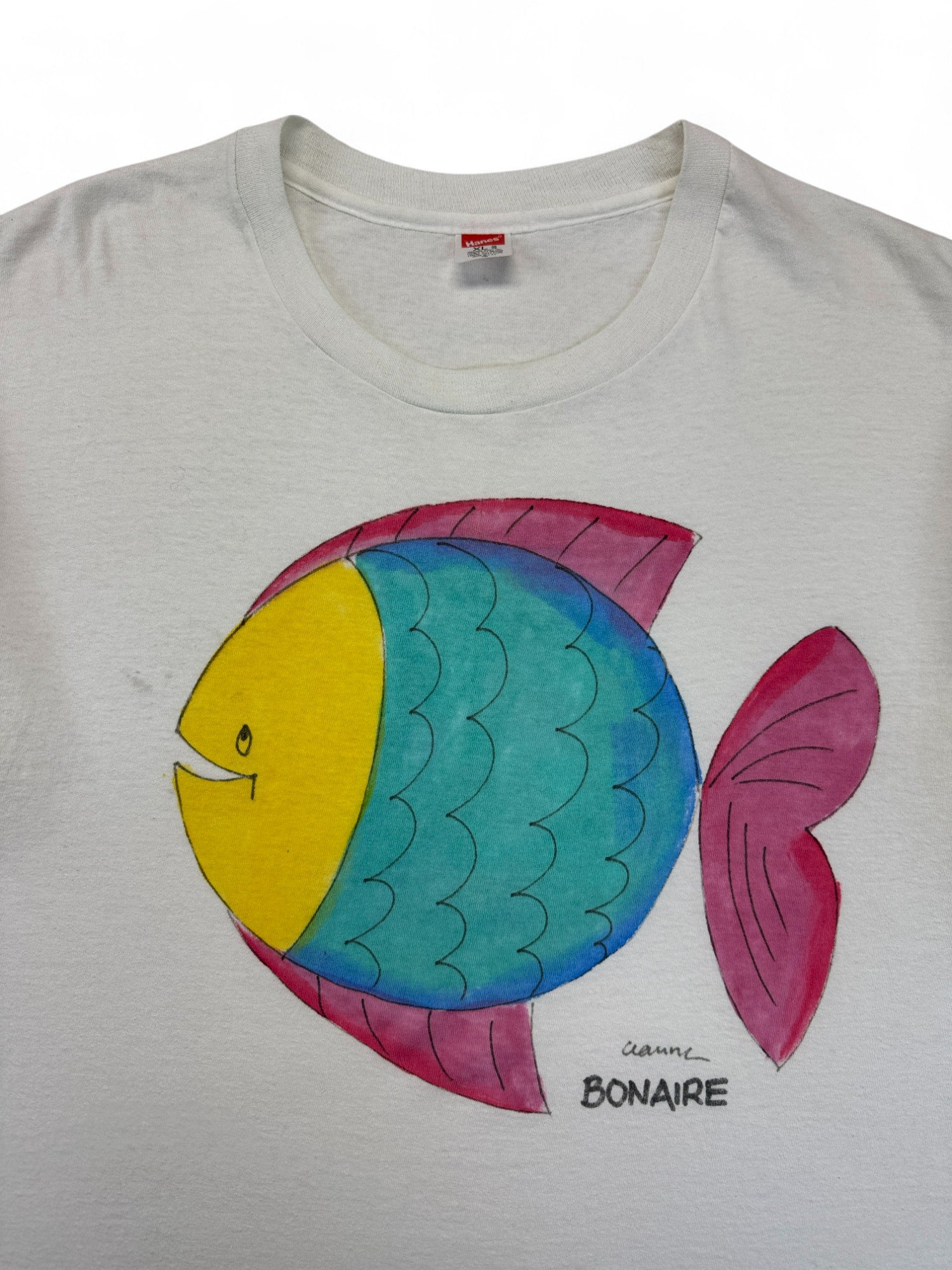 Vintage Hanes Shirt 80s Regenbogenfisch "Bonaire" Single Stitch Made In USA Weiß L-XL