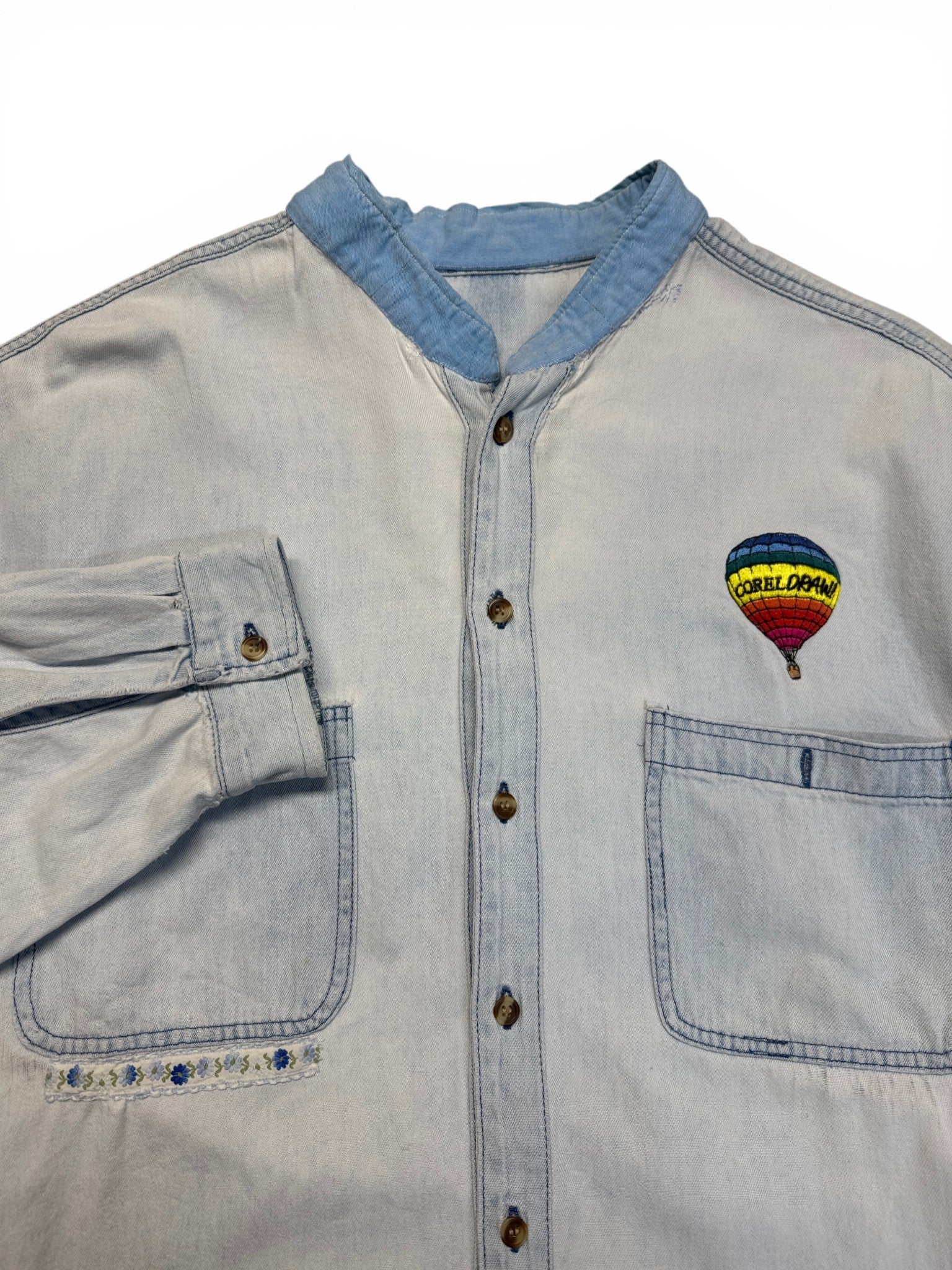 90s Jeanshemd Corel Draw! Patch Ausgewaschen Hellblau L-XL