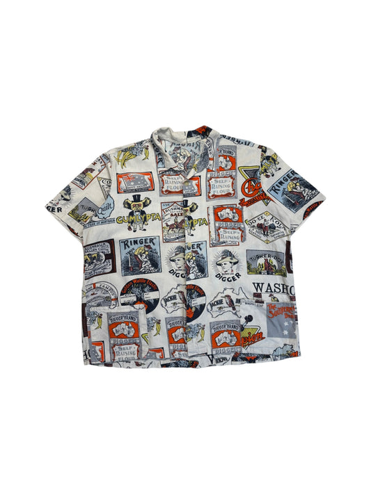 80s Australian Novelty Print Hemd Bunt L-XL