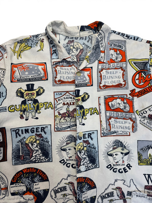 80s Australian Novelty Print Hemd Bunt L-XL