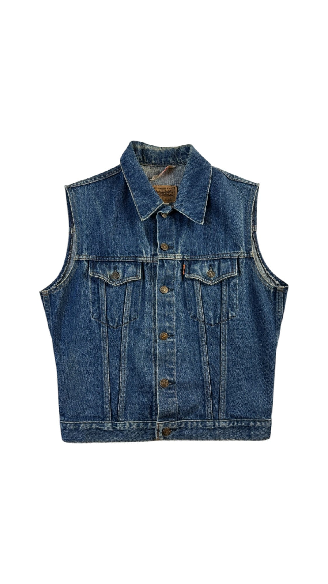 Vintage Levis Trucker Jeansweste (70)501 1981 Orange Tab Made In France Blau (36) S-M - RareRags