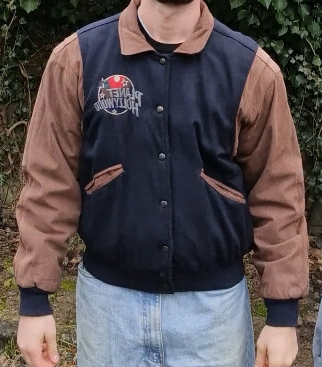 Vintage Planet Hollywood Bomberjacke 1990 Paris Made In Korea Wolle & Leder Schwarz Braun M