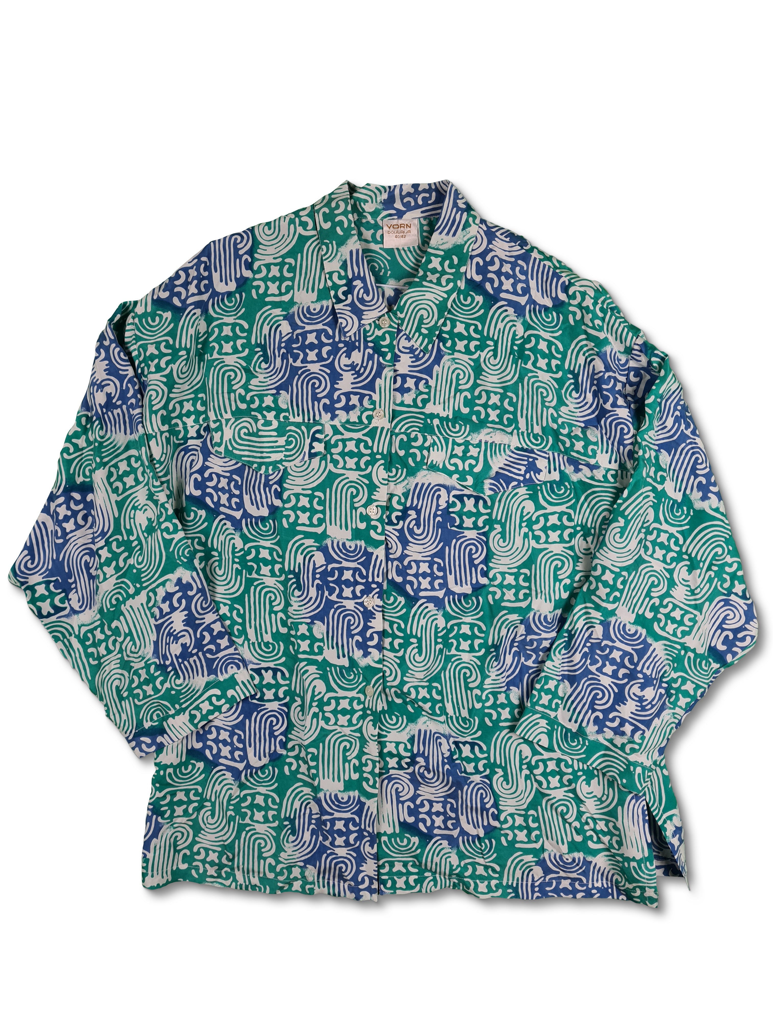 Vintage Yorn Hemd Seide Boutique Grün Blau (Frauen) L - XL - RareRags