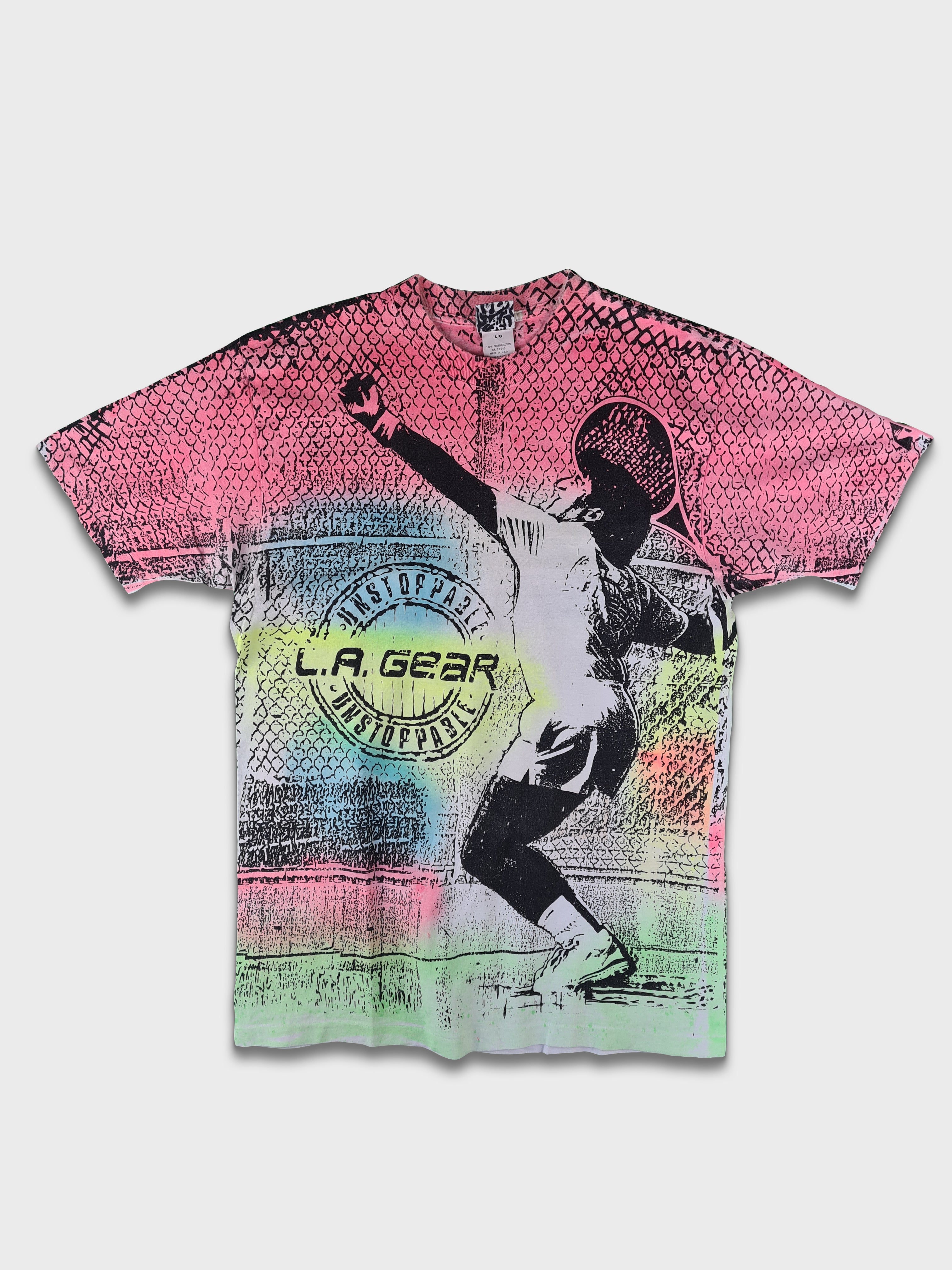 Rare! Vintage LA Gear Shirt Unstoppable Tennis All Over Print Made In USA L - RareRags