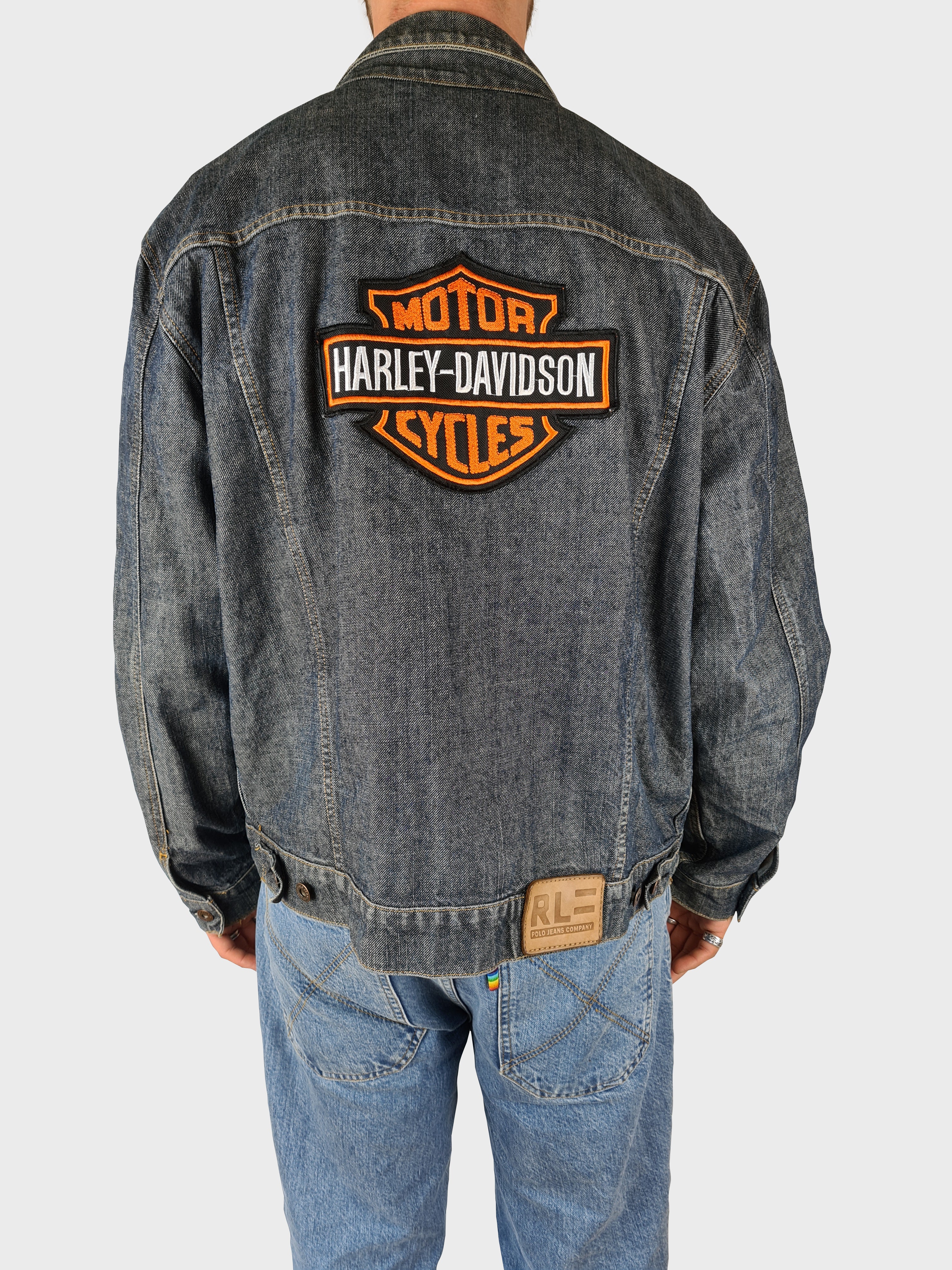 Vintage Ralph Lauren Jeansjacke Polo Jeans Harley Davidson Backpatch M - RareRags