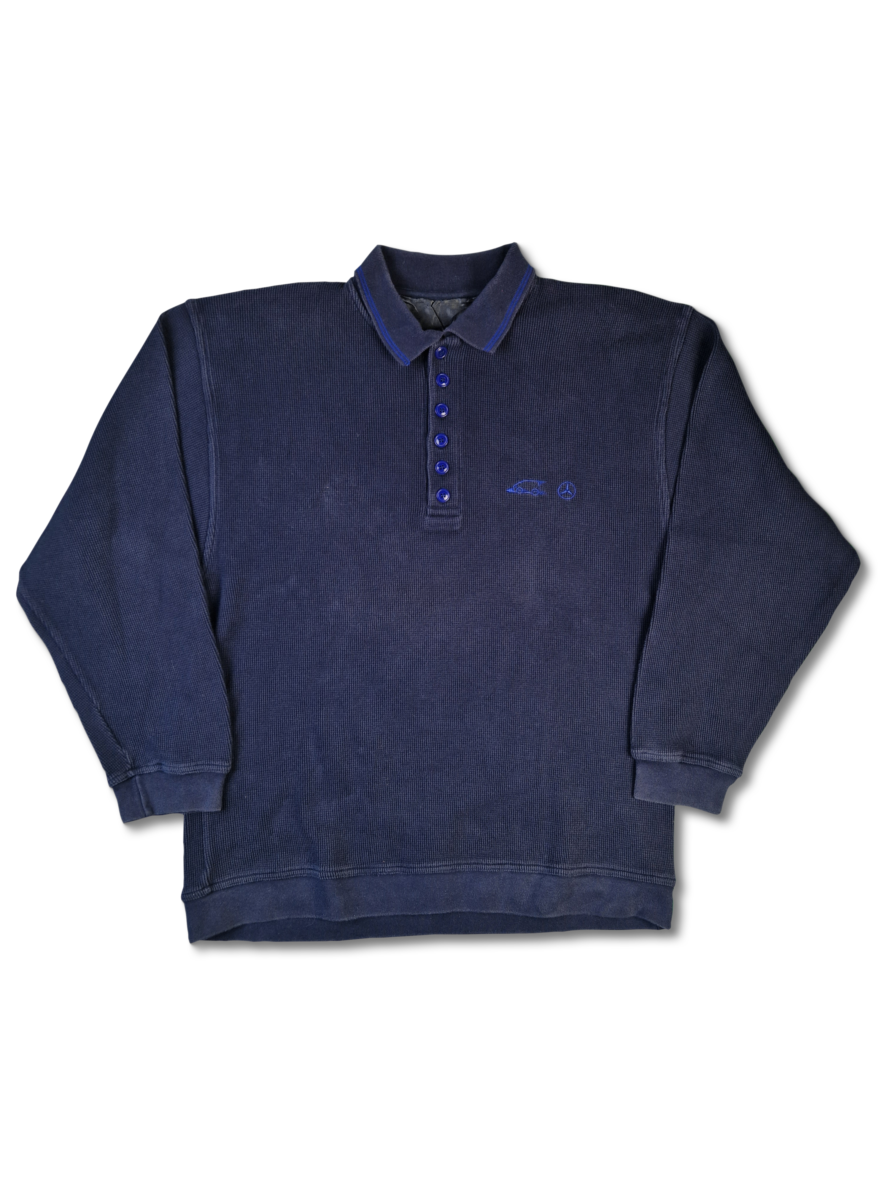 Vintage Mercedes Sweater Polokragen Halbe Knopfleiste Bestickt Dunkelblau XL