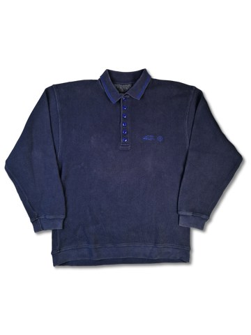 Vintage Mercedes Sweater Polokragen Halbe Knopfleiste Bestickt Dunkelblau XL