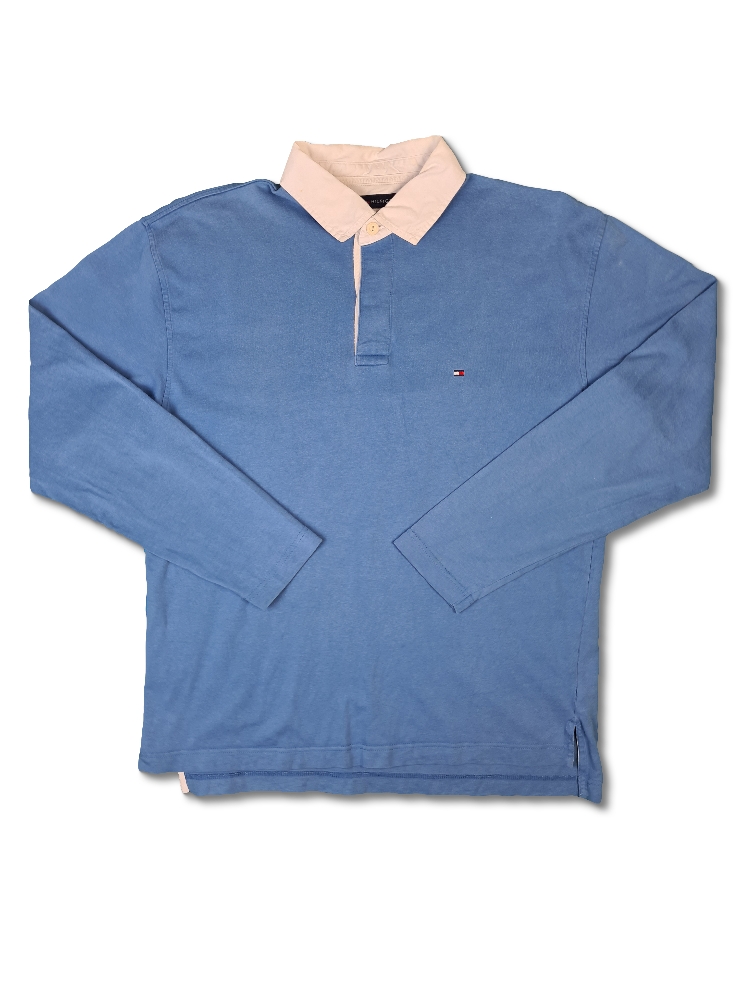 Modernes Tommy Hilfiger Poloshirt Langarm Basic Hellblau L - RareRags