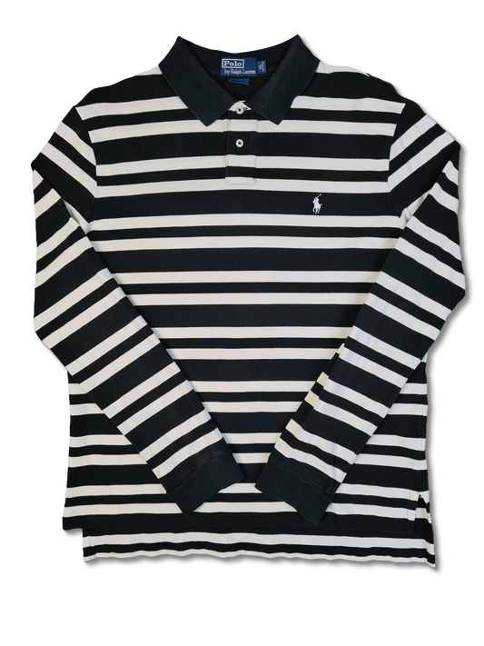Modernes Ralph Lauren Poloshirt Langarm Custom Fit Gestreift Schwarz Weiß XL