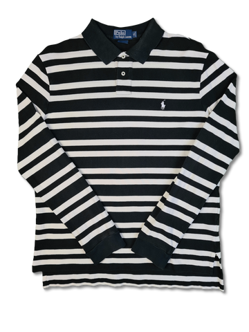 Modernes Ralph Lauren Poloshirt Langarm Custom Fit Gestreift Schwarz Weiß XL