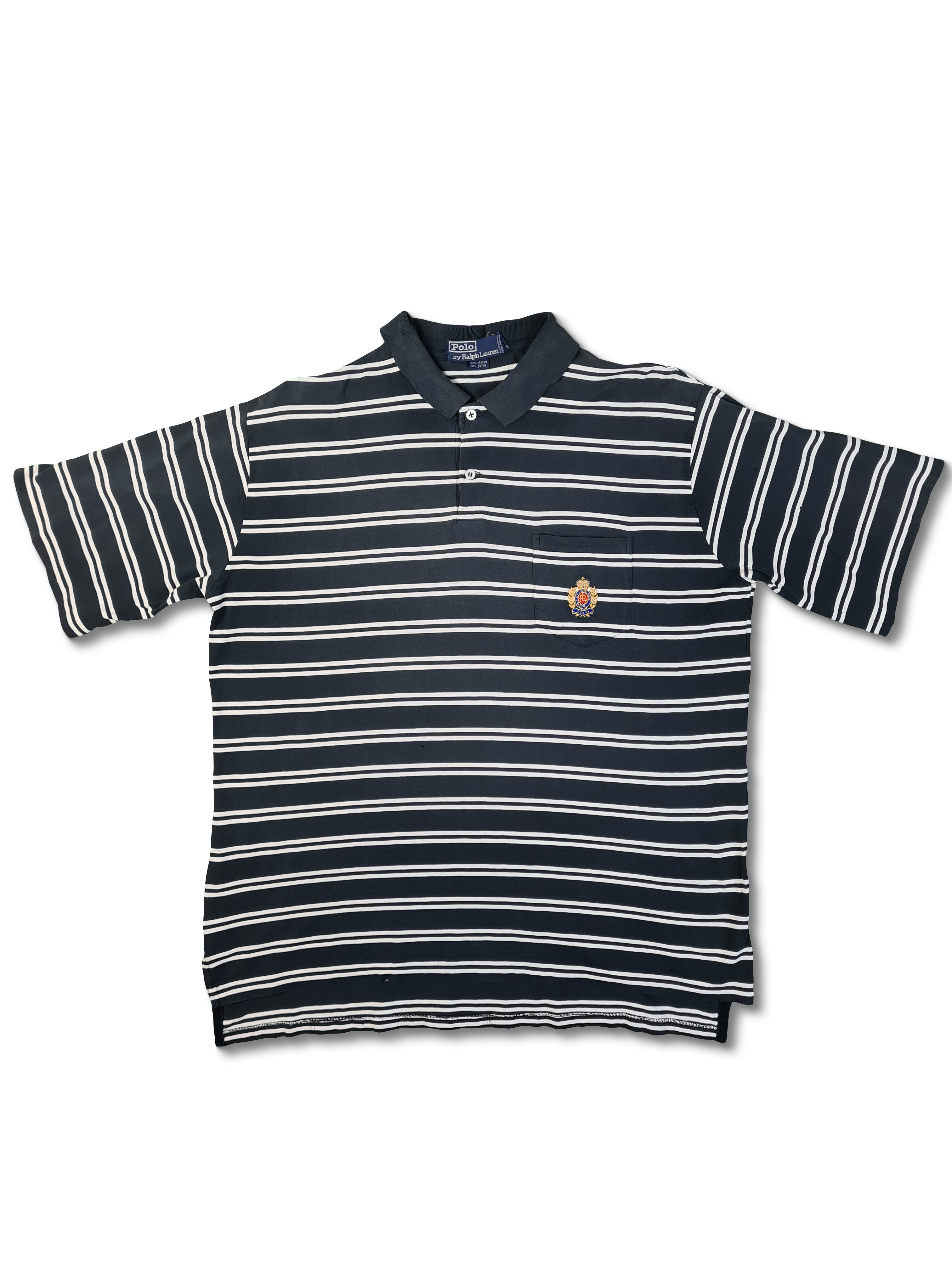 Vintage Ralph Lauren Polo-Shirt Crest Logo Made In Hong Kong Gestreift Schwarz Weiß XL - RareRags
