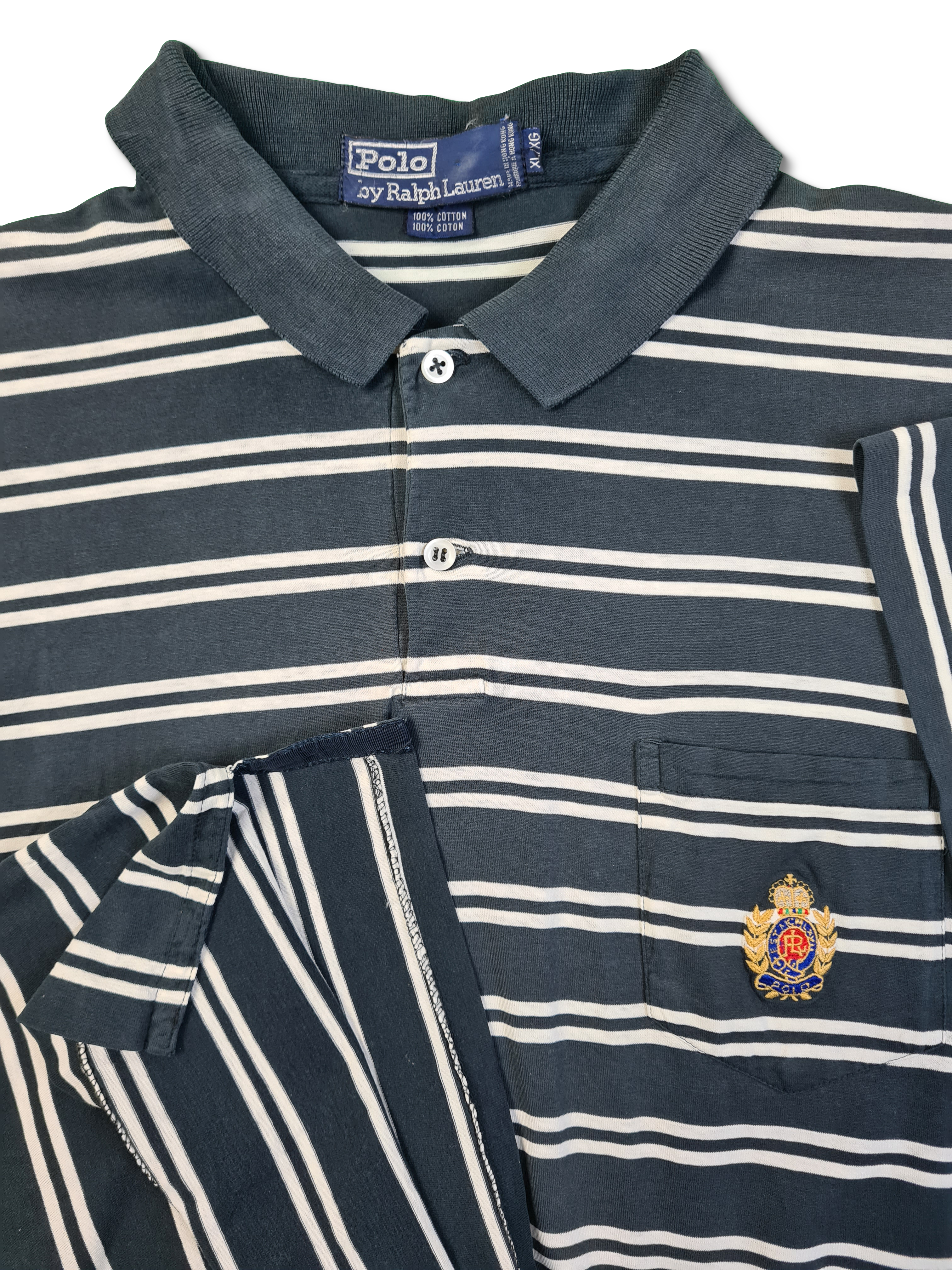 Vintage Ralph Lauren Polo-Shirt Crest Logo Made In Hong Kong Gestreift Schwarz Weiß XL - RareRags
