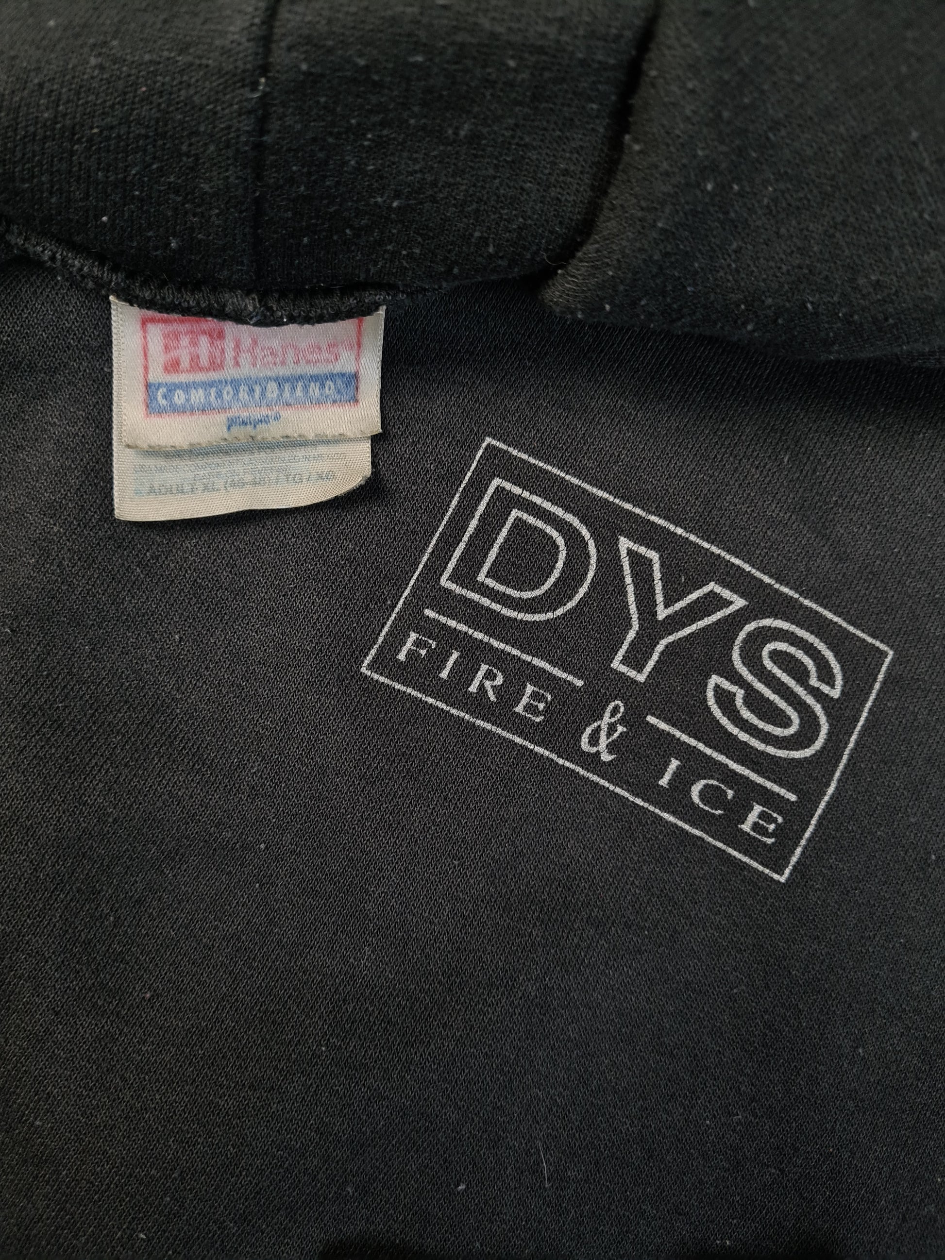 Vintage Hanes Hoodie 1993 DYS Fire & Ice "Brotherhood True 'till death Boston" Faded Schwarz XL - RareRags