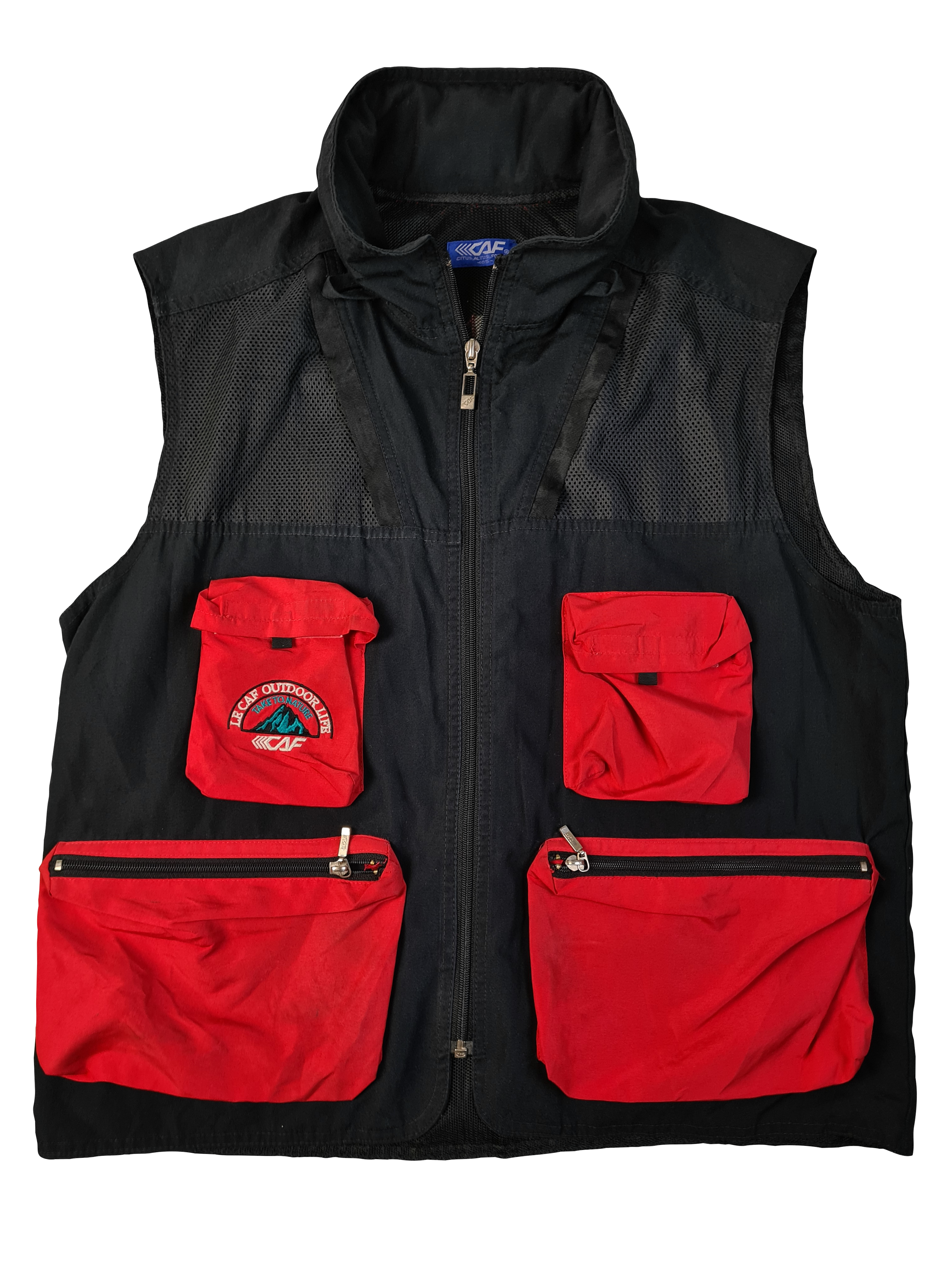 Vintage CAF Weste Mit Kapuze Im Kragen Take To Nature Multipocket Fischer Rot Schwarz M-L - RareRags