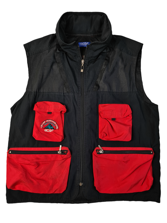 Vintage CAF Weste Mit Kapuze Im Kragen Take To Nature Multipocket Fischer Rot Schwarz M-L