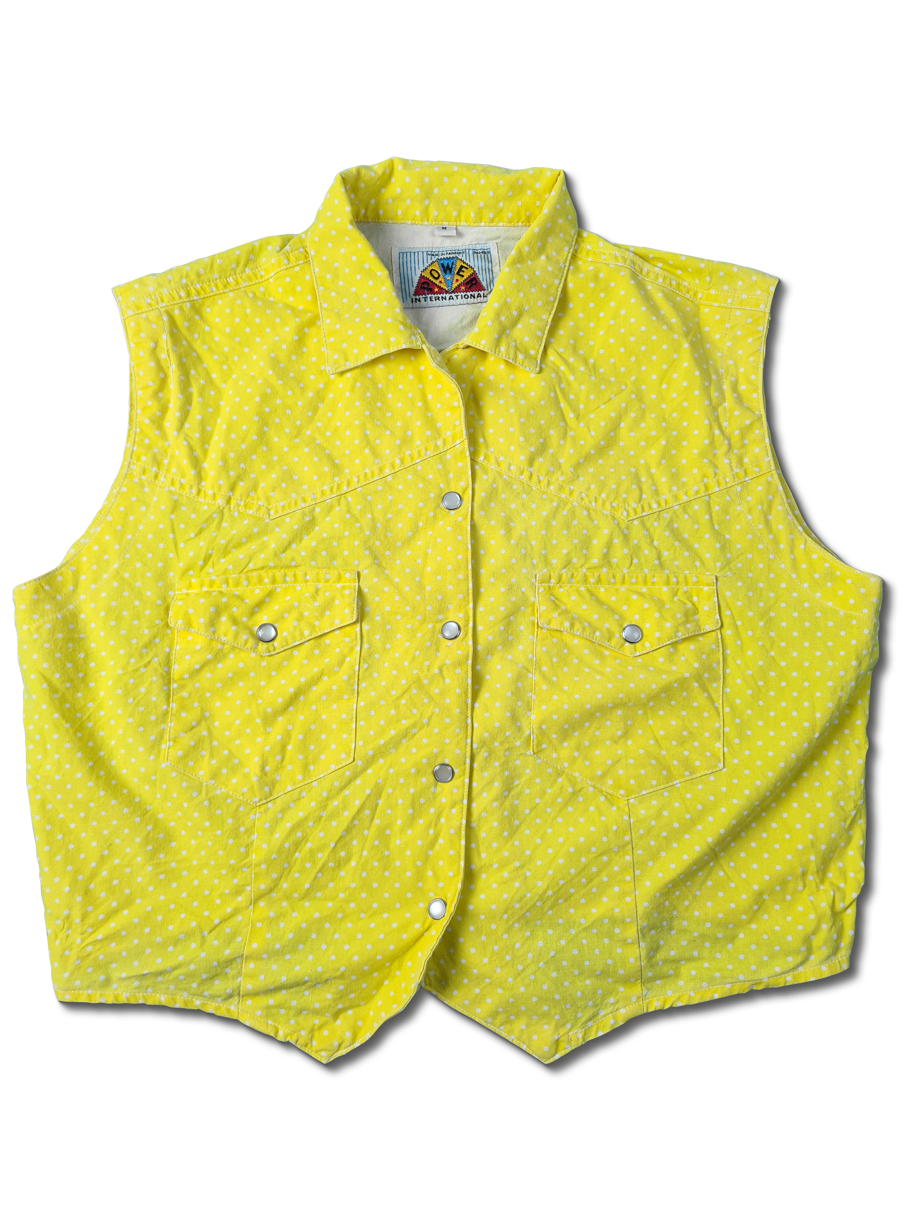 Vintage Power Weste 80s "Made In Paradise" Gelb Mit Weißen Punkten M - RareRags
