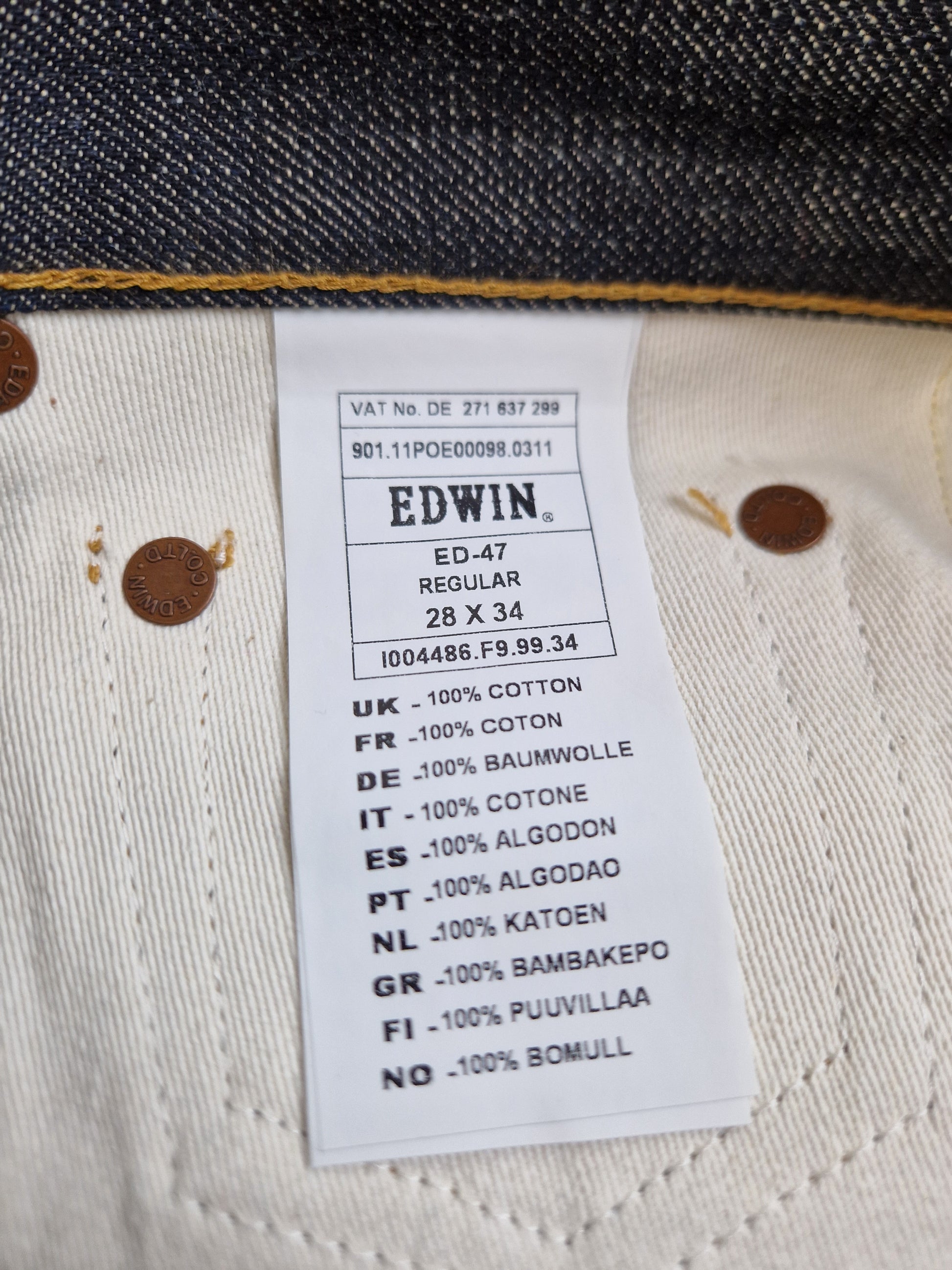 Moderne Edwin Jeans E-47 Regular Japanese Denim Rainbow Selvedge Dunkelblau 28x34 - RareRags