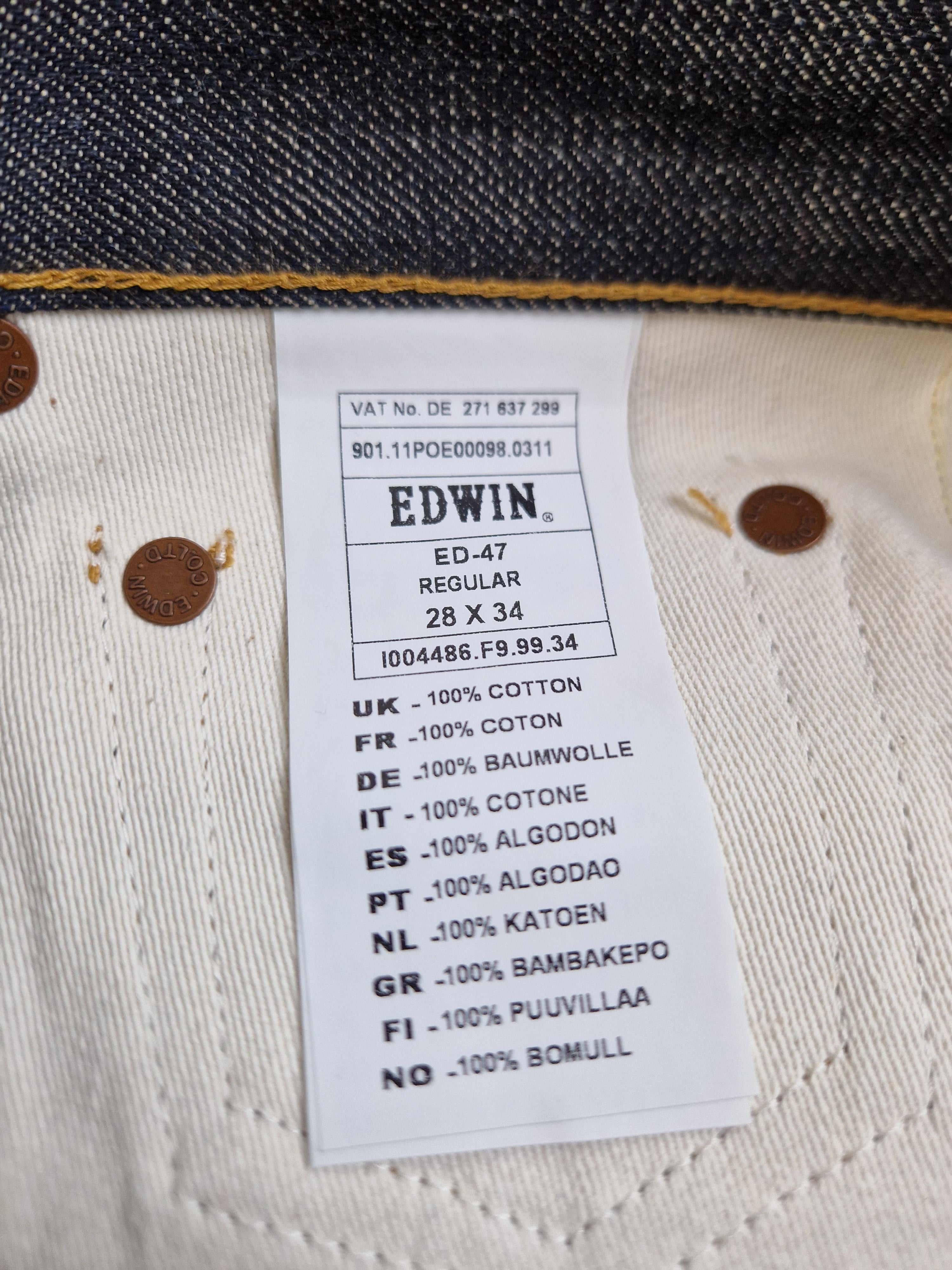 Moderne Edwin Jeans E-47 Regular Japanese Denim Rainbow Selvedge Dunkelblau 28x34 - RareRags
