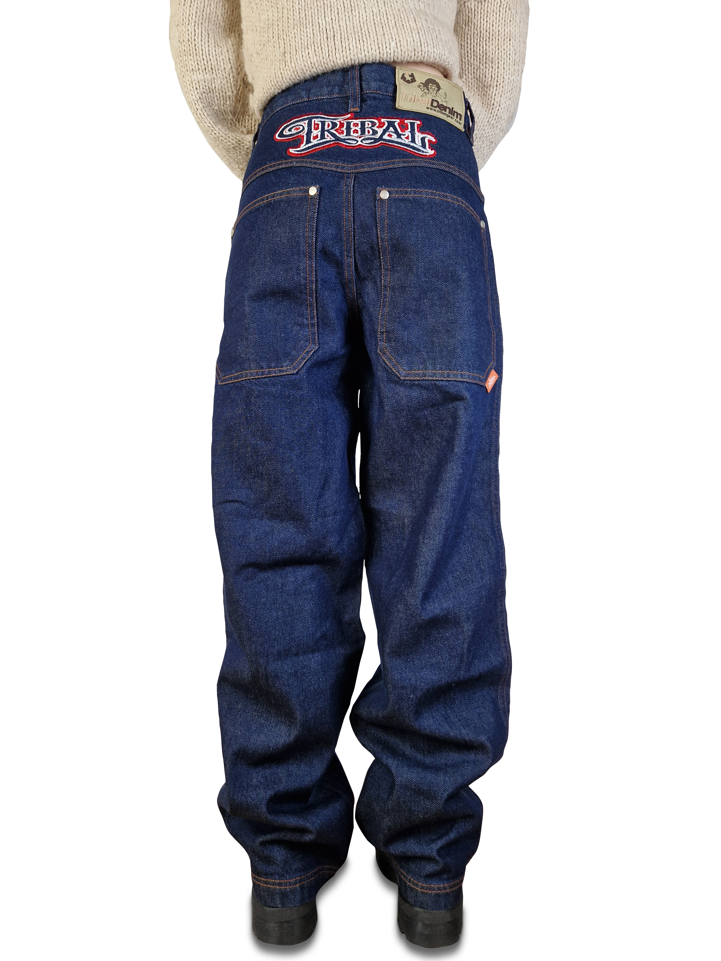 Y2K Tribal Denim Jeans Deadstock Baggy Backstitching XS-M - RareRags