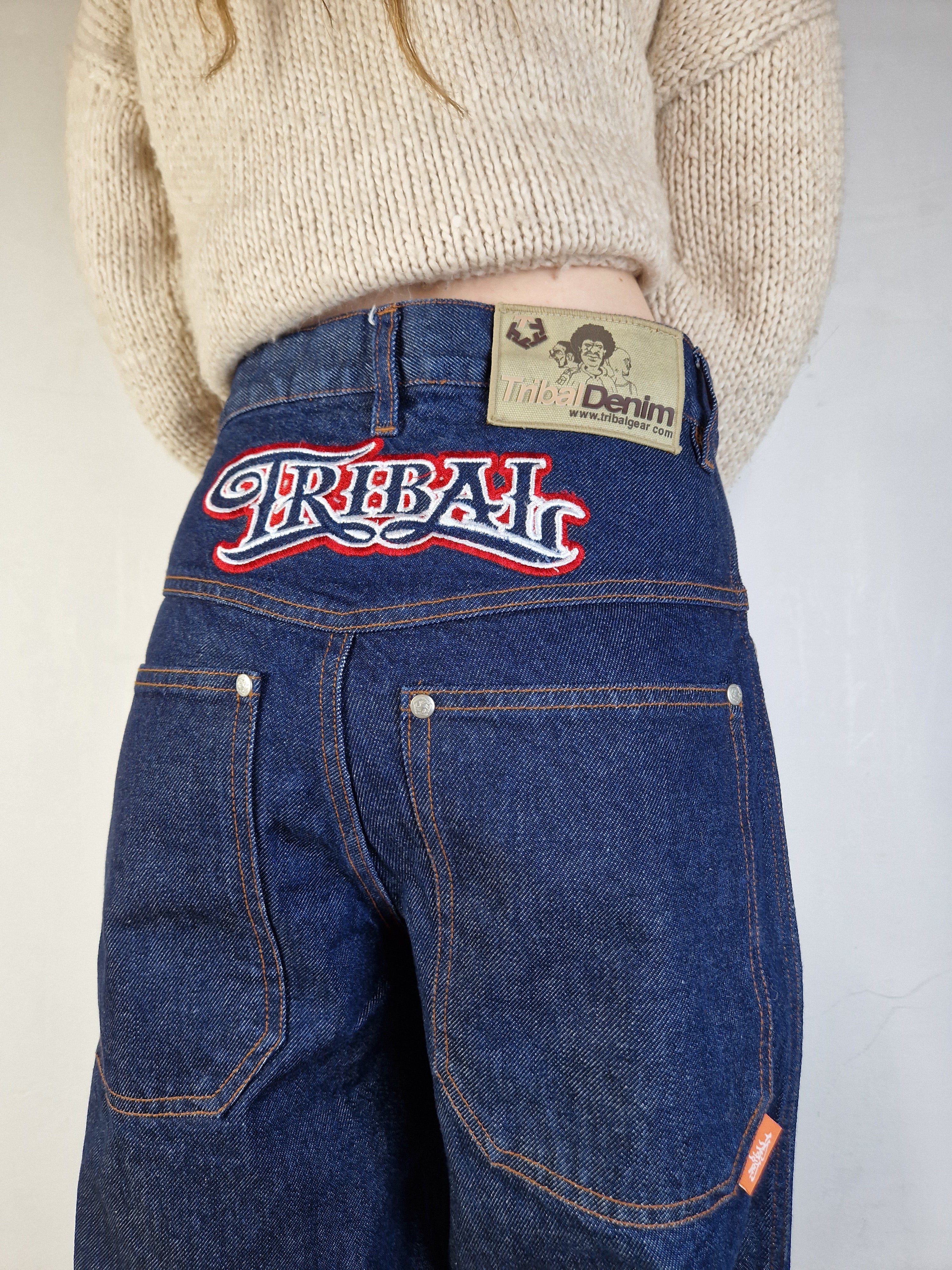 Y2K Tribal Denim Jeans Deadstock Baggy Backstitching XS-M - RareRags