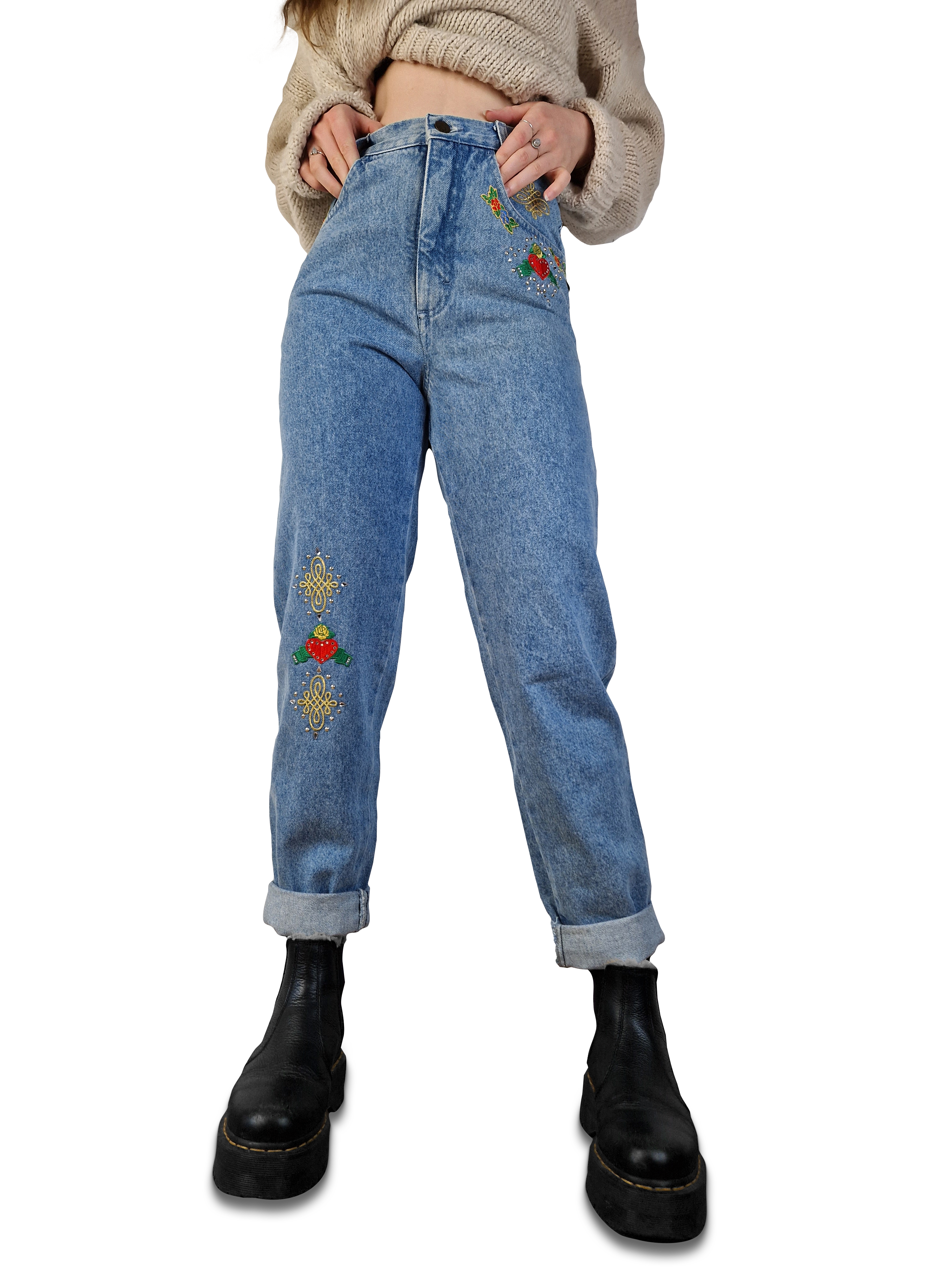 Vintage Designer Mom Jeans Bestickt High Waist Light Washed Denim Deadstock 36 - RareRags