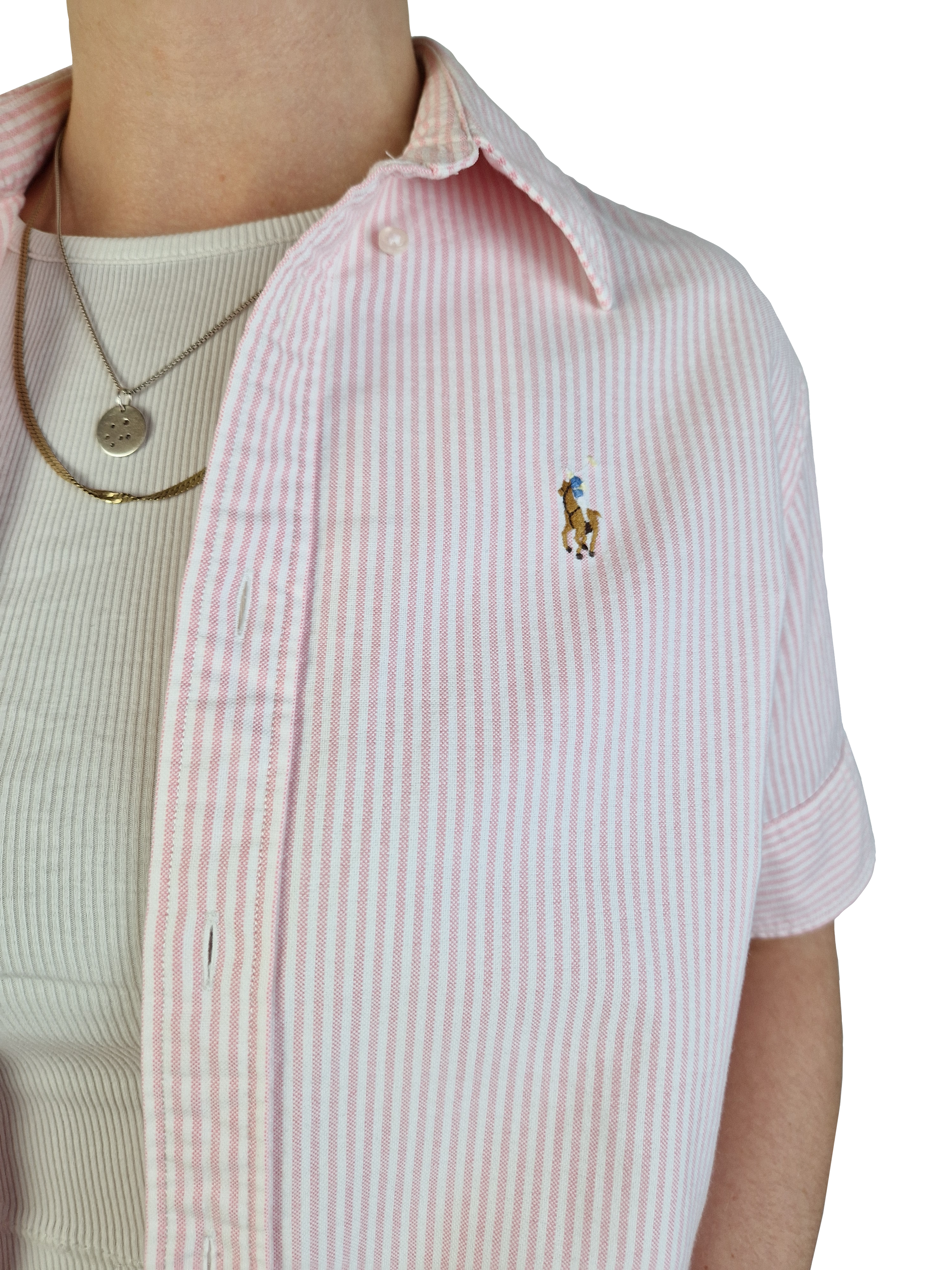 Modernes Ralph Lauren Hemd Kurzarm Business Gestreift Weiß Rot (6) XS-S - RareRags
