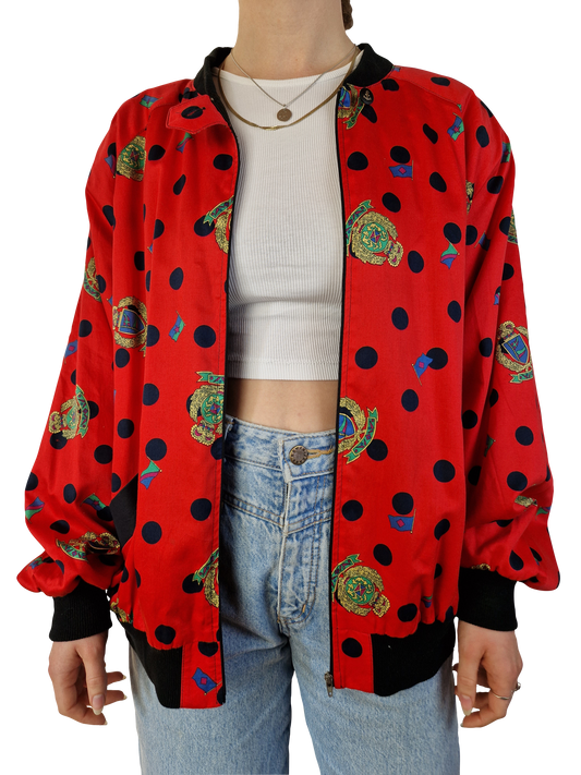 Vintage Chris Rose Blouson Luftig Wappen Print Rot Schwarze Punkte S-M