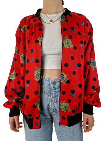 Vintage Chris Rose Blouson Luftig Wappen Print Rot Schwarze Punkte S-M