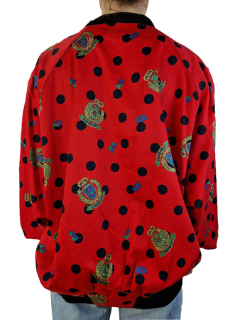 Vintage Chris Rose Blouson Luftig Wappen Print Rot Schwarze Punkte S-M