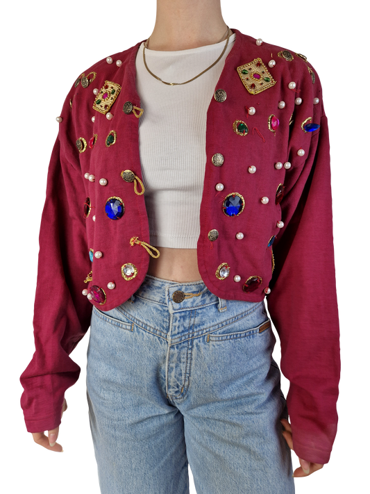 Vintage NoName Blazer 70s Mit Steinen Art Bestickt Rot (38) XS-S
