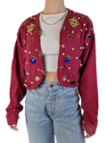 Vintage NoName Blazer 70s Mit Steinen Art Bestickt Rot (38) XS-S
