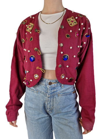 Vintage NoName Blazer 70s Mit Steinen Art Bestickt Rot (38) XS-S