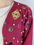Vintage NoName Blazer 70s Mit Steinen Art Bestickt Rot (38) XS-S
