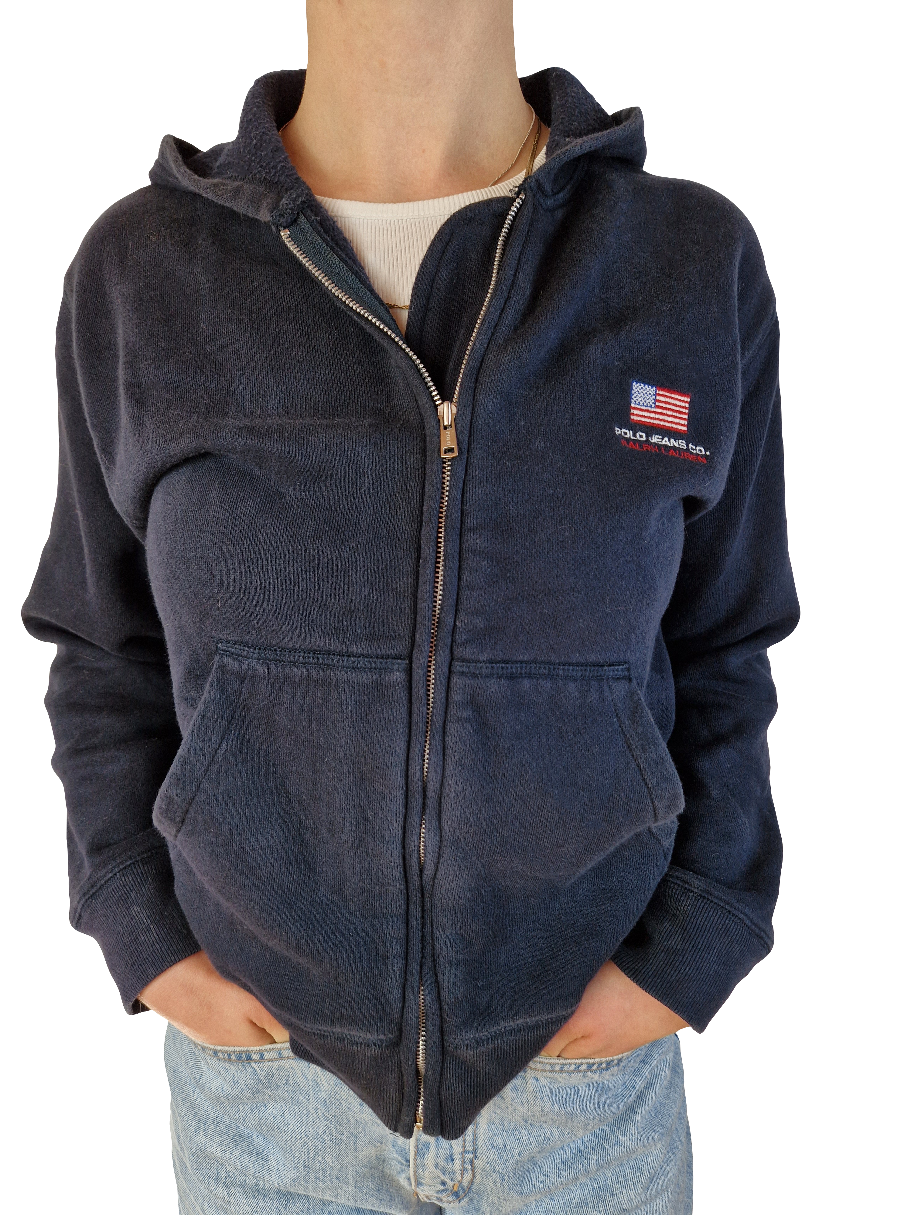 Vintage Ralph Lauren Hoodie Polo Jeans Made In Hong Kong USA Flag Dunkelblau S