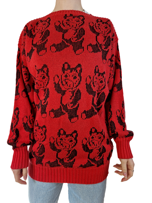 Vintage Designer Strickpullover 80s Bären Made In West Germany Rot Schwarz S-M