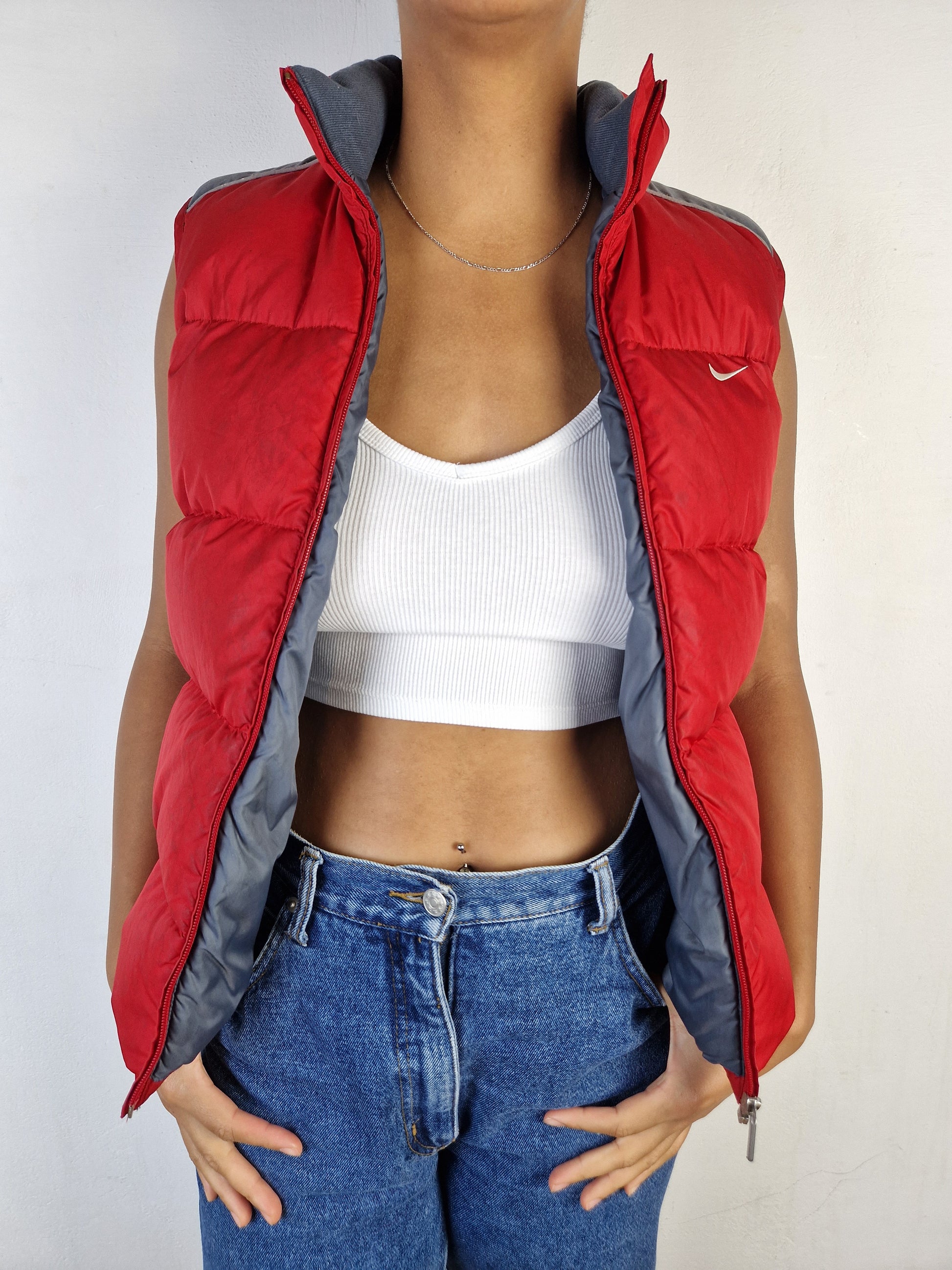 Moderne Nike Daunenweste Puffer Rot Grau S-M - RareRags