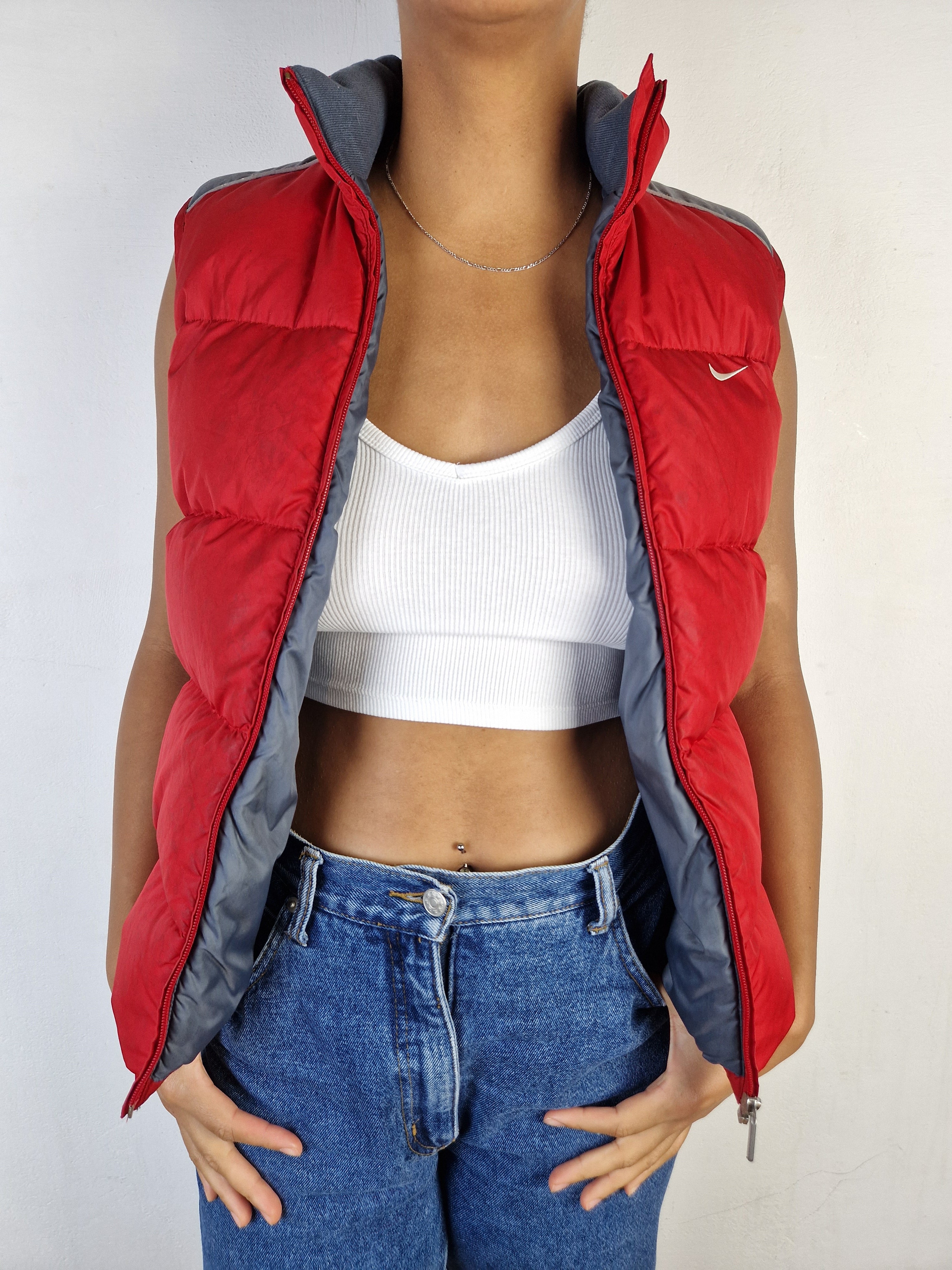 Moderne Nike Daunenweste Puffer Rot Grau S-M - RareRags