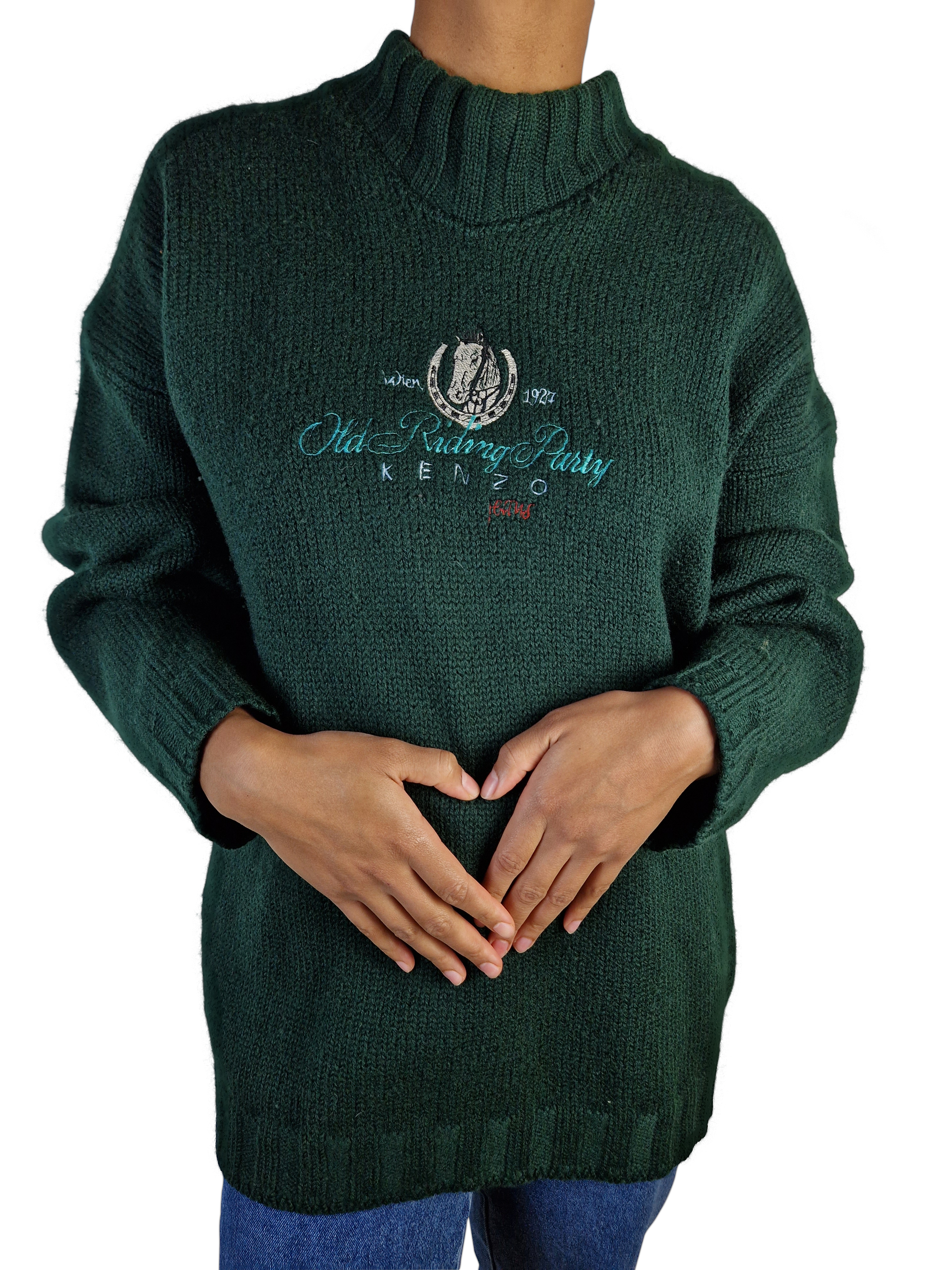 Vintage Kenzo Strickjacke Turtleneck Pferd Riding Party Wolle Made In Italy Bestickt Dunkelgrün L-XL