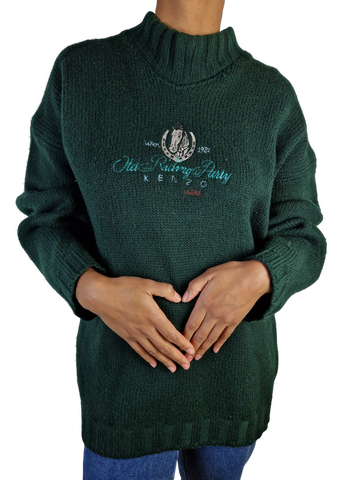 Vintage Kenzo Strickjacke Turtleneck Pferd Riding Party Wolle Made In Italy Bestickt Dunkelgrün L-XL