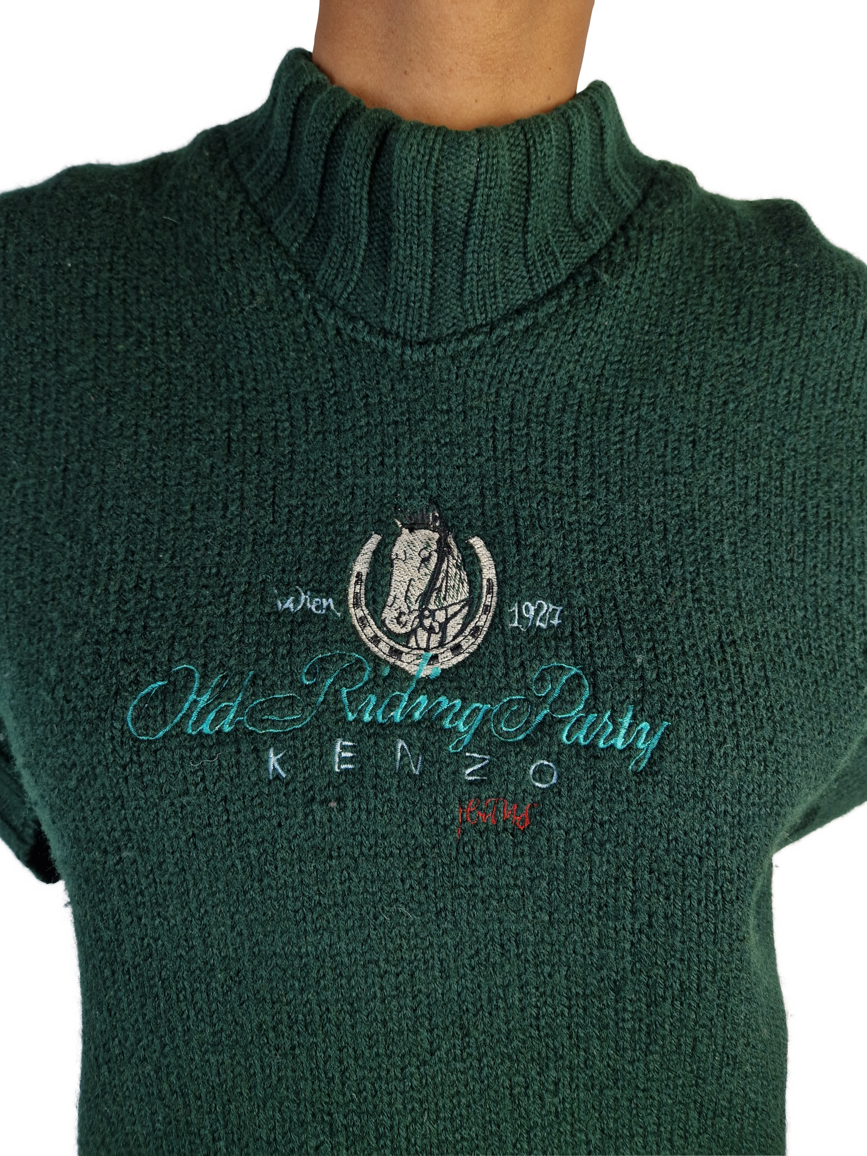 Vintage Kenzo Strickjacke Turtleneck Pferd Riding Party Wolle Made In Italy Bestickt Dunkelgrün L-XL