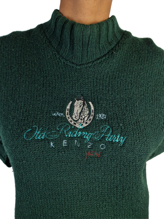 Vintage Kenzo Strickjacke Turtleneck Pferd Riding Party Wolle Made In Italy Bestickt Dunkelgrün L-XL