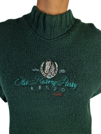 Vintage Kenzo Strickjacke Turtleneck Pferd Riding Party Wolle Made In Italy Bestickt Dunkelgrün L-XL